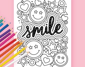 Printable Coloring Page, Coloring Page for Adults, Coloring Page Printable for Teens, Positive Affirmations, Smile, Instant Download