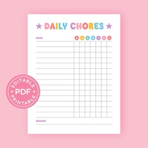 Kids Chore Chart, Printable Editable Chore Chart for Kids, Responsibility Chart, Homeschool Chart, Instant Download