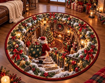 Christmas Santa Ladder 3D Round Rug Festive Holiday Stone Well Illusion Floor Mat Merry Xmas Circle Carpet Winter Living Room Decor