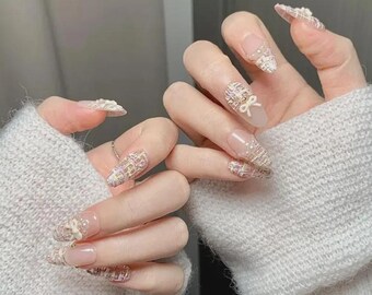 Sweet Checkered Pearl Bow Press On Nails, Plaid Intertwined Ribbon Handmade Nail, Medium Almond Bridal Nails, Handmade Wedding Nail Set