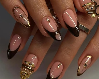Gold Charm Press On Nails, Luxury Gold French Tip Old Money Black Elegant Nail Art Set