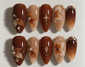 Brown Ombre 3D Floral Rhinestone Press On Nails Medium Almond Luxury Autumn Nails for Elegant Dates