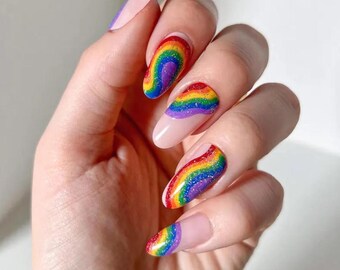 LGBTQ Pride Month Press On Nails, Glitter Rainbow Swirl Almond Festival Nail Art Sets, Handmade Statement Nail Art Set