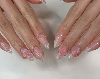 Glitter Sakura 3D Flower Press On Nails, Pink Jelly Petals Shimmer Ombre Pearl Almond Nail Set
