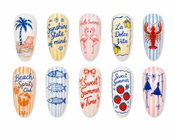 Coastal Summer Beach Press On Nails, Retro Preppy Coquette Handmade Seaside Nail Art Set