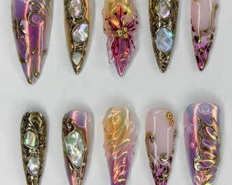3D Gold Chrome Press On Nails, Fairycore Floral Crystal Iridescent Purple Stiletto Nail Set