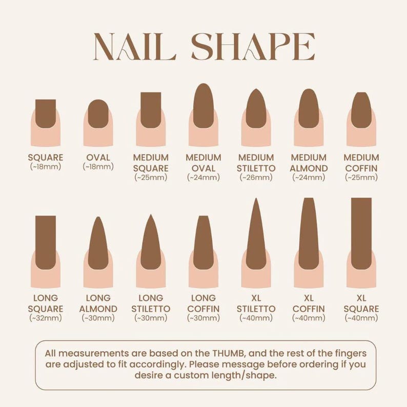 May include: A chart displaying various nail shapes, including square, oval, almond, and stiletto, with approximate lengths in millimeters. The text "NAIL SHAPE" is at the top. The bottom text states that measurements are based on the thumb and to message for custom shapes.