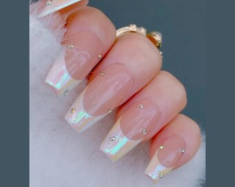 Holographic Elegance Press On Nails, Iridescent Shimmer Luxury Handmade Salon Quality Nail Set