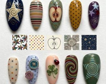 Colorful Y2K Press On Nails, Retro Whimsical Swirl Star 3D Button Apple Indie Nail Art Set Handmade Nail Art Set