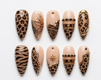 Y2K Luxury Animal Print Press On Nails, Cheetah Tiger Stripe Gold Metallic 3D Charm Nail Set, Leopard Nail Set