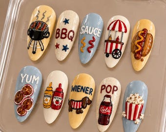 4th of July Hot Dog Press On Nails, BBQ Summer Patriotic Red White Blue Kawaii Food Nail Set