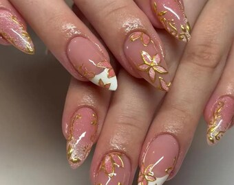 Handmade Rose Gold Leaf Press On Nails, Shimmery Pink Nude Floral Almond Wedding Nail Set