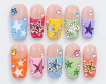Handmade Colorful Star Press On Nails 3D Rhinestone Pearl Gel Nail Art Cute Y2K Square Fake Nails, Colorful Handmade Nail Art Set
