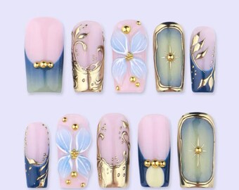 Blue Gold Press On Nails with 3D Flower Star Frame, Medium Square Luxury Celestial Nail Set