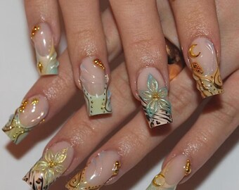 Handmade Elegant Mint Bloom Press On Nails, 3D Floral Gold Baroque Zebra Long Square Set