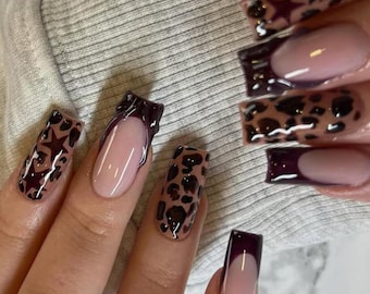 Burgundy Leopard Print Press On Nails, Dark Cherry Star Y2K Long Square French Nail Set