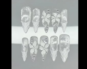 Crystal Clear 3D Flower Press On Nails, Elegant Bridal Glazed French Tip Nail Set Handmade Nail Art Set