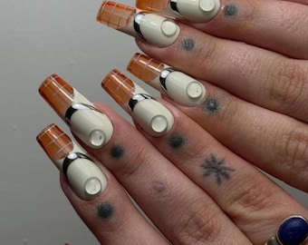 Handmade Retro Futuristic Press On Nails, Cyberpunk Amber Jelly Silver Chrome French Set