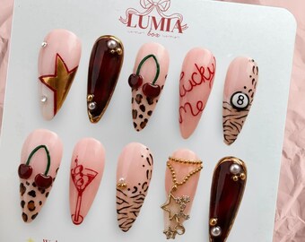 Y2K Cherry Press On Nails, Leopard French Tip Glam Acrylic Retro Aesthetic Nail Set Y2K Inspired Handmade Nail Set