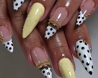 Yellow Black White Polka Dot Press On Nails, Handmade Gel Bangle Inspired Retro Nail Art Set