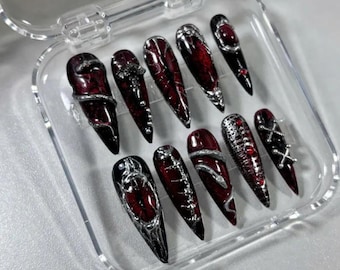 Gothic Vampire Press On Nails With Cross Chain and 3D Metal Details, Black Red Stiletto Nails, Dark Handmade Nail Art Set