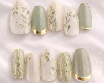 Sage Green Floral Press On Nail, Gold Botanical Art, Minimalist Neutral Nails, Glossy Handmade Floral Nails, Elegant Nature Inspired Nail