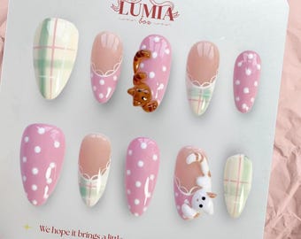 Kawaii Cat Press On Nails With Polka Dot and Green Plaid Design, Pink French Tip Almond Nails, Cute Handmade Nail Art Set