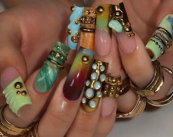 Luxury Egyptian Gold Press On Nails, Maximalist 3D Jewelry Aura Ombre Jade Marble Nail Set