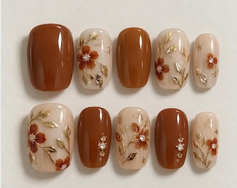 Brown Floral Gold Leaf Press On Nails Short Square Autumn Fake Nails, Elegant Vintage Fall Nail Art, Luxury Autumn Nails for Elegant Dates