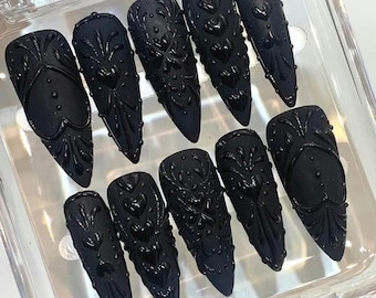 Black Gothic Press On Nails, 3D Heart Baroque Stiletto Luxury Handmade Nail Art Set