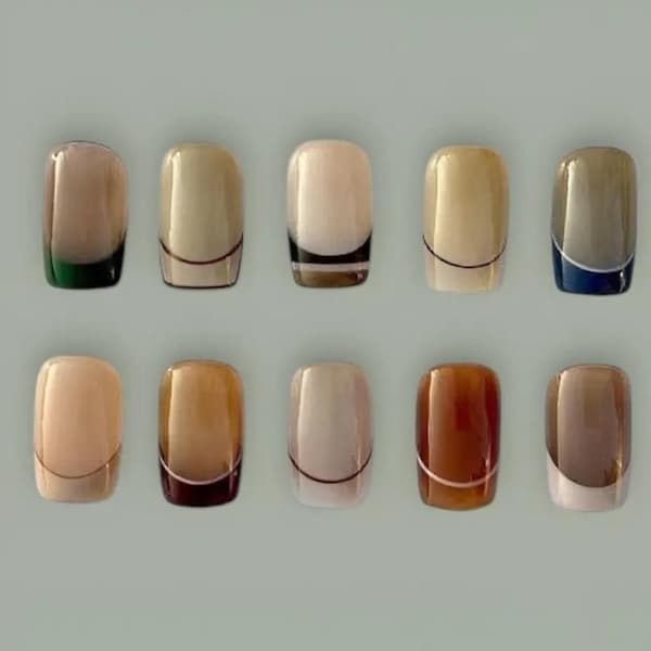 Neutral Jelly French Press On Nails, Brown Beige Ombre Minimal Handmade Nail Art Set