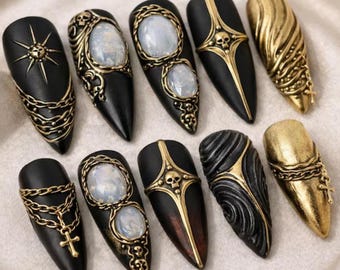 Black Gold Gothic Press On Nails, Luxury Cross Skull Chain Statement Nail Art Set, Gothic Press On Nails, Y2K Handmade Nail Art Set