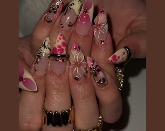 Pink French Tip Press On Nails, 3D Flower & Butterfly Nail Art, Coquette Y2K Glam Nails, Swirl Chrome Details, Feminine Floral Nail Set