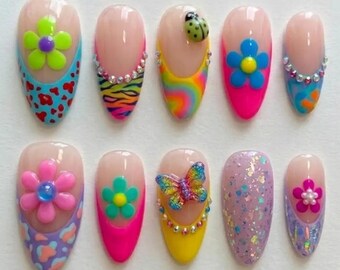 Handmade 3D Y2K Colorful Press On Nails, Cute Daisy Flower Bright Floral Retro Nail Art Set