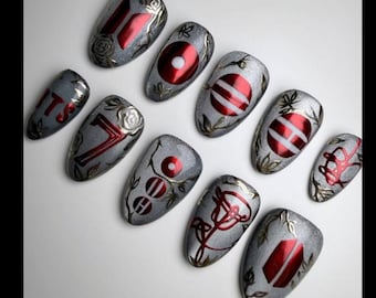Kpop Inspired Red Silver Press On Nails With Metallic Graphic Design, Powerful Almond Nails, Handmade Statement Nail Art Set