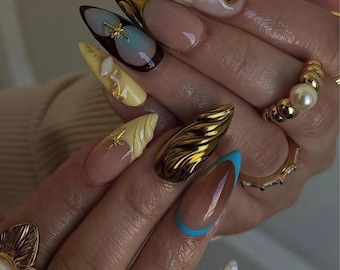 Abstract Black & White Press On Nails, 3D Gold Chrome Swirl Nail Art, Edgy Geometric Nails, Luxury Modern Stiletto Nails, Handmade Nail Set