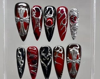 Vampire Gothic Press On Nails With Black Red Ombre, 3D Chrome Cross Chain and Web Design, Long Stiletto Punk Nails, Handmade Nail Art Set