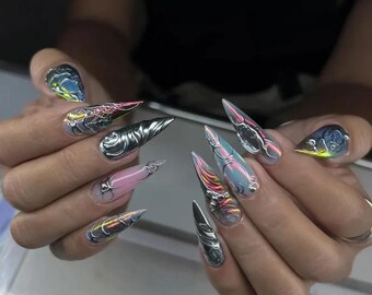 Handmade Chrome Cyber Press On Nails, 3D Metallic Swirl Futuristic Y2K Stiletto Nail Set