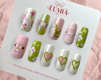Pixel Heart Almond Press On Nails, Kawaii Gaming Retro Characters, Pink Green Nail Set