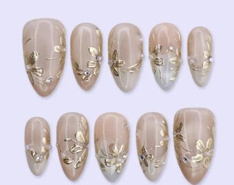 Champagne Gold Floral Press On Nails, Pearl & Rhinestone Accent Nails, Elegant Handmade Nails, Luxury Glam Prom Nail, Nude Gold Bridal Nails