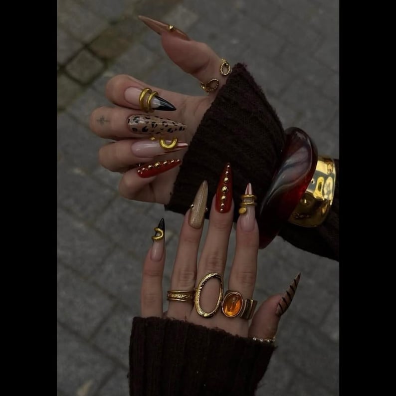 May include: A close-up of long, pointed acrylic nails in various designs. The nails feature colors like nude, brown, red, and black, with gold accents, studs, and animal print. Gold rings and a large bracelet adorn the hand.