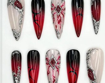 Gothic Vampire Press On Nails With Red Black Ombre Design, Long Stiletto Claw Nails, Handmade Dark Nail Art Set