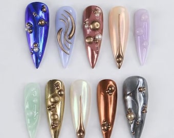 Futuristic Chrome Press On Nails, 3D Liquid Metal Nail Art, Silver Metallic Cybercore Nails, Sculpted Stiletto Nails, Alien Glam Nail