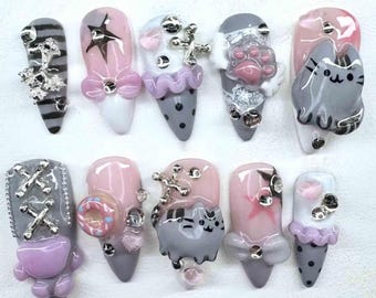 Pastel Gothic Kitty Press On Nails With 3D Charms, Cute Gray Pink Almond Nails, Kawaii Alt Handmade Nail Art Set