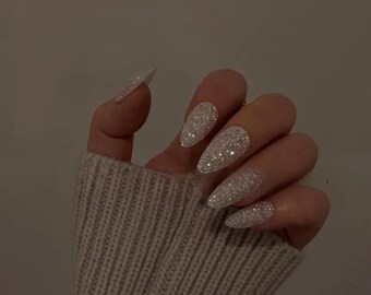 Silver White Holographic Sugar Glitter Press On Nails, Rainbow Sparkly Party Nail Art Set