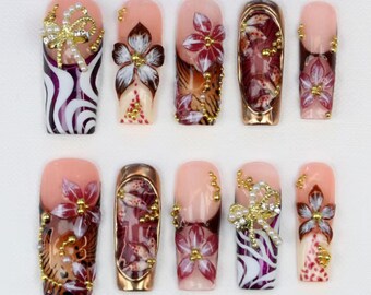 Vintage Elegant Pink Purple Floral Press On Nails, Hand Painted 3D Tropical Flower Cottagecore Nail Set, Floral Nail Set