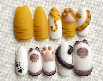 3D Cat Paw Press On Nails With Cute Yellow Cat Design, Kawaii Animal Almond Nails, Handmade Playful Nail Art Set