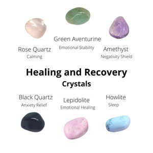 May include: Assortment of healing crystals, including rose quartz, green aventurine, amethyst, black quartz, lepidolite, and howlite. The crystals are arranged in a circle on a white background. The text "Healing and Recovery Crystals" is written below the crystals.