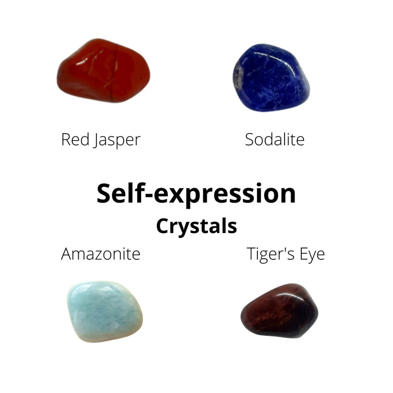 May include: Four tumbled stones, red jasper, sodalite, amazonite, and tiger's eye, arranged in a circle with the text "Self-expression Crystals" in the center.