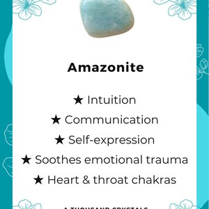 May include: A smooth, light blue Amazonite crystal with a white background. The text "Amazonite" is written in black below the crystal. The text "★ Intuition", "★ Communication", "★ Self-expression", "★ Soothes emotional trauma", "★ Heart & throat chakras" and "A THOUSAND CRYSTALS" is written in black below the text "Amazonite".